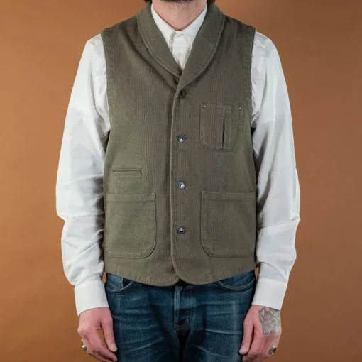 Momotaro Westen>Sashiko Shawl Collar Vest Olive